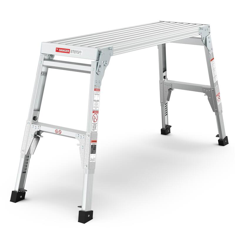 Aluminum Work Platform Large Size Step Stool Folding Portable Work Bench 40" Width Telescopic Feet 22" -27.5" Height