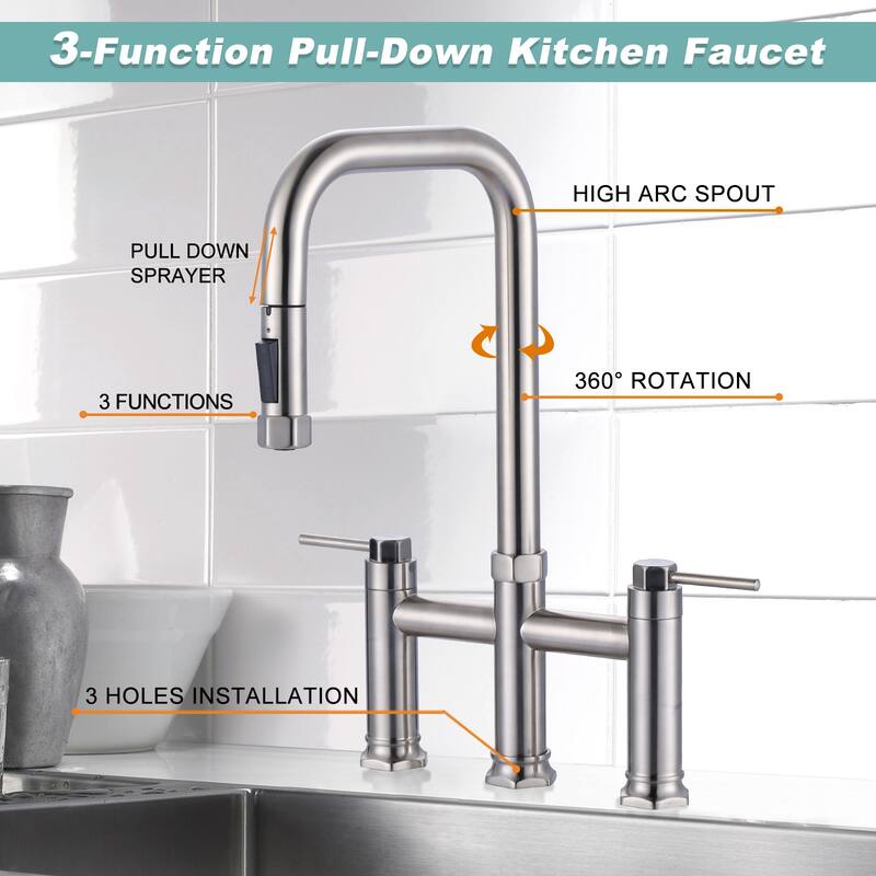 WOWOW Double Handle Pull Down Kitchen Faucet