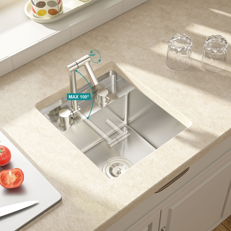 Lordear 17" Stainless Steel Sink Undermount Workstation Single Bowl Bar Sink or Kitchen Sink with Folding Faucet