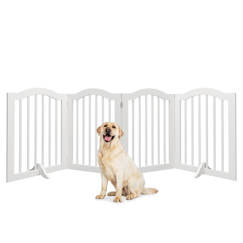 27.6"Height White Wooden 4-Panel Pet Gate Freestanding Foldable Playpen for Dogs Cats - 80”L x 0.70”W x 27.56”H