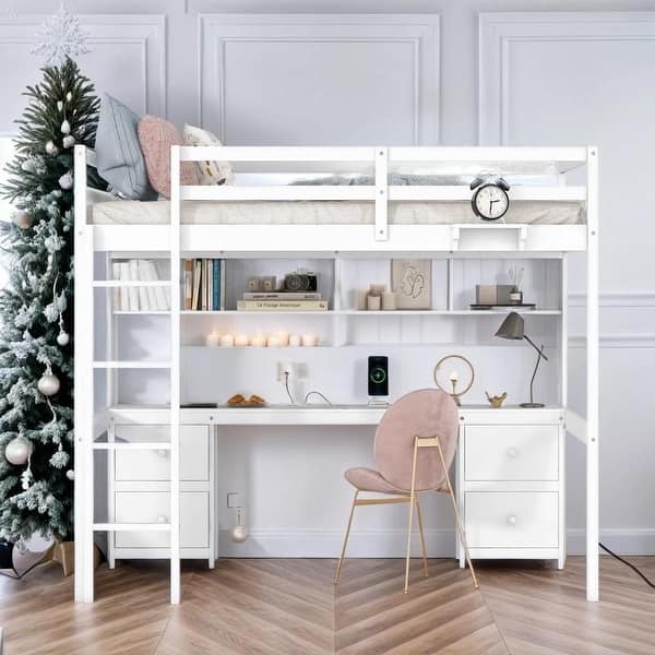 slide 2 of 36, Multifunctionl Full Size Loft Bed with Desk, Cabinets, Drawers and Bedside Tray, Charging Station, Sturdy Wood Frame, White White