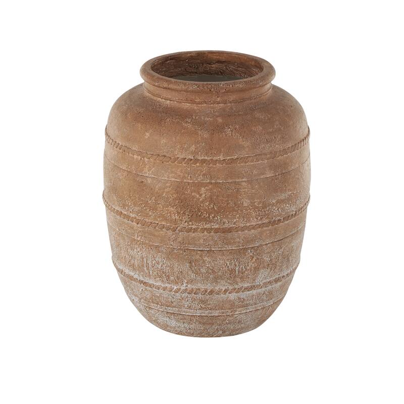Magnesium Oxide Distressed Decorative Vase with Raised Braided Accents - Cream or Brown - Roche River Decor