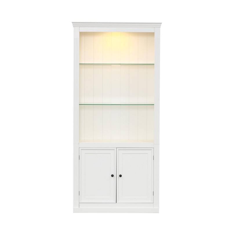 78.75" Farmhouse 4-Tier Display Bookcase with Dimmable LED Light, Glass Shelves & Storage Doors
