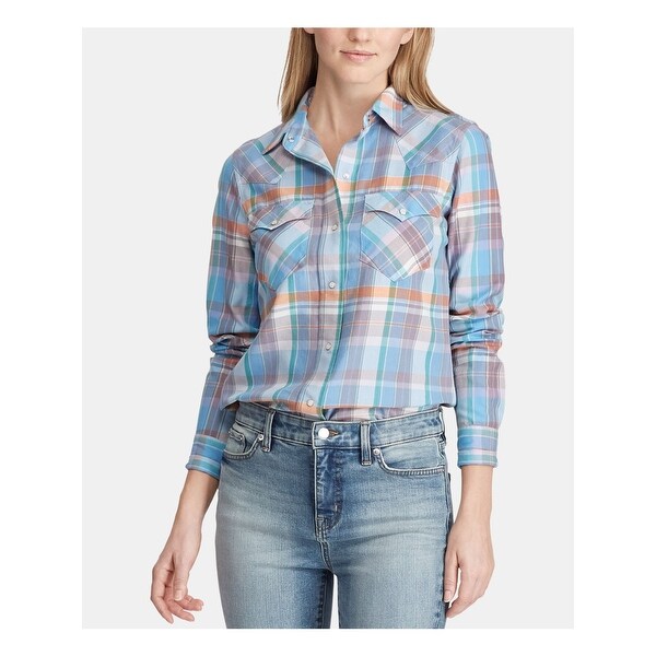 Shop RALPH LAUREN Womens Navy Plaid Cuffed Collared Button ...