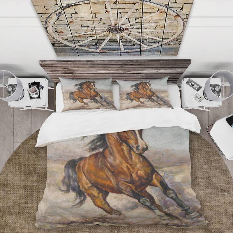 Designart 'Painting Of A Horse In The Race' Farmhouse Duvet Cover Set