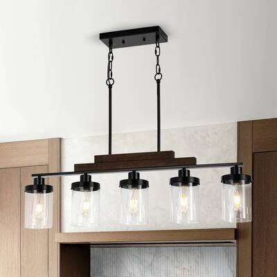 Farmhouse 5-Light Wood Accented Glass Shade Linear Island Chandelier