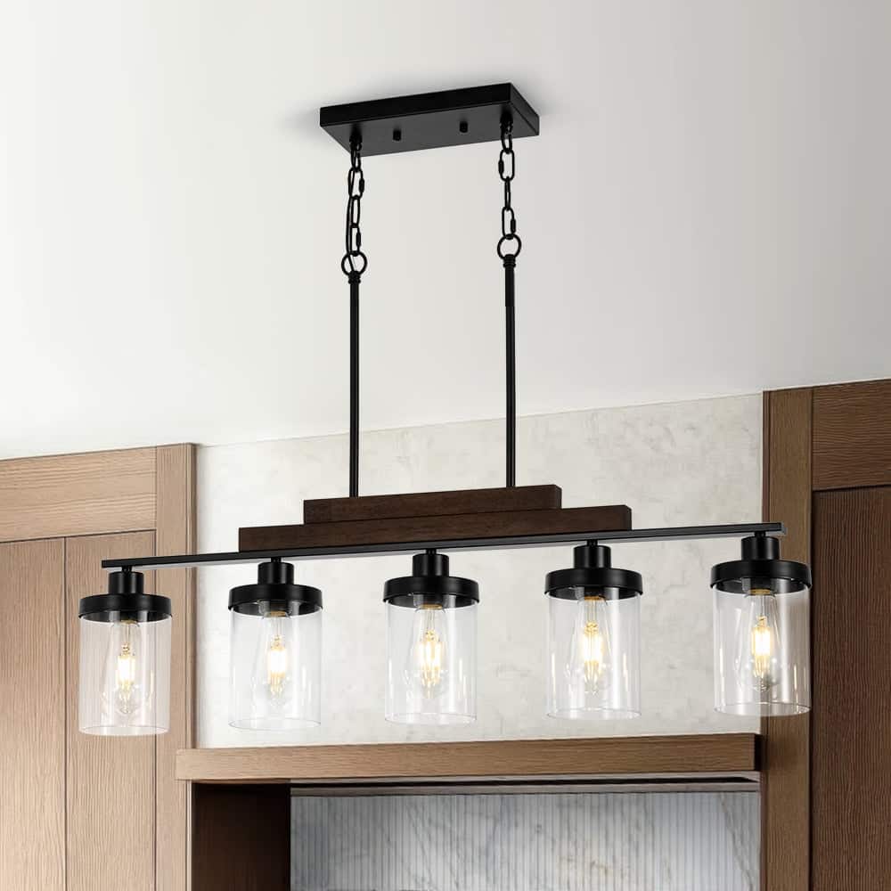 Farmhouse 5-Light Wood Accented Glass Shade Linear Island Chandelier