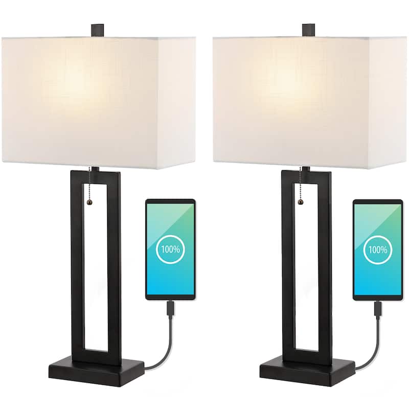 Lucie 28.5" Vintage Industrial Iron LED Table Lamp with Pull-Chain and USB Charging Port, (Set of 2) by JONATHAN Y