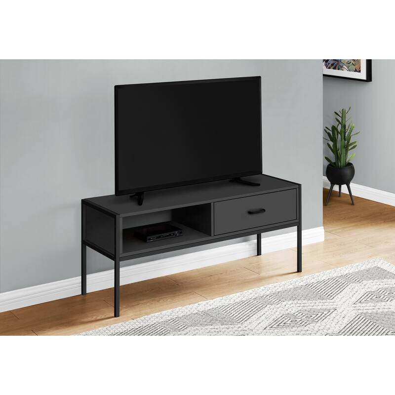 Contemporary 48" TV Stand, Grey Wood-Look Finish with Black Metal Frame, Storage Drawer for Media Devices