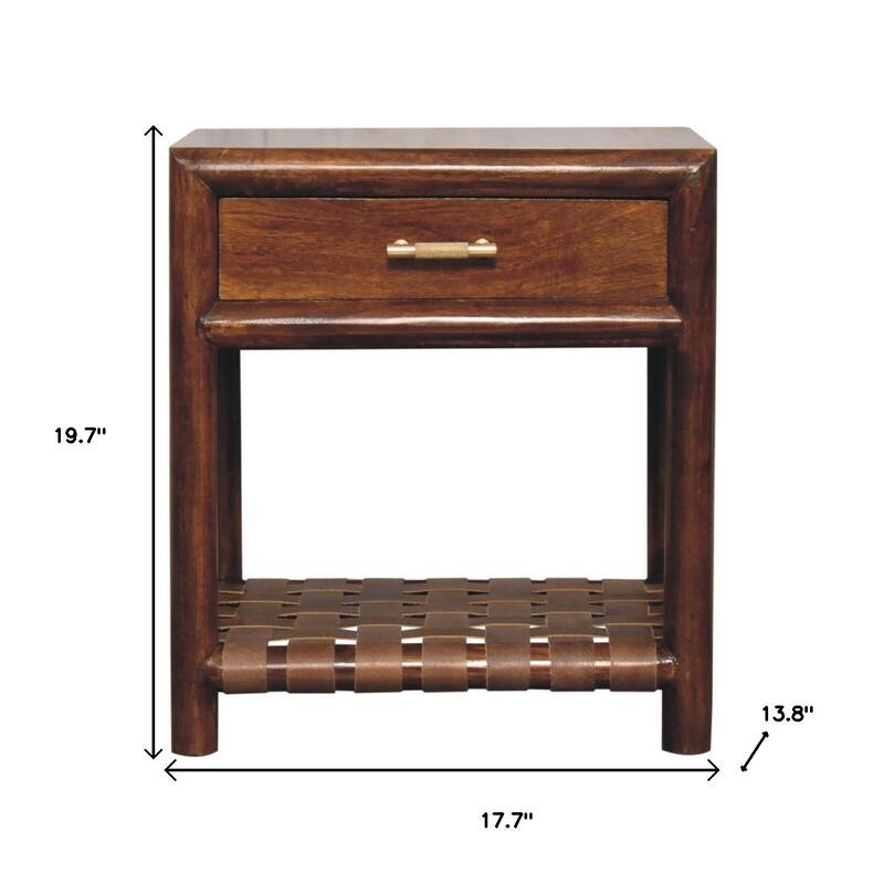 HomeRoots 20" Chestnut Solid Wood One Drawer Nightstand With Leather Shelf
