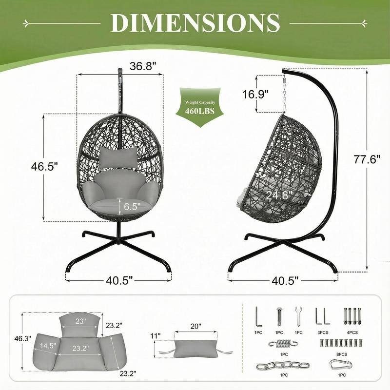 Extra Large Egg Chair with Stand, 450 lbs Capacity Hanging Basket Chair, Indoor/Outdoor Wicker Nest Swing Chair with Cushions