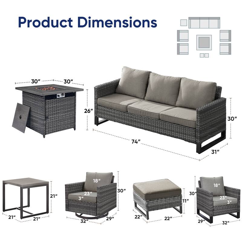 Patio Sofa with 2 Club Chair,2 Swivel Chair and Fire Pit Table