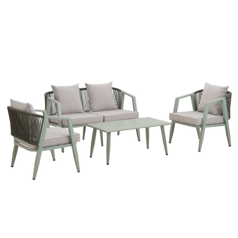 4-Piece Outdoor Patio Seating Set with Iron Frame, Cushioned Double and Single Chairs, and Matching Table
