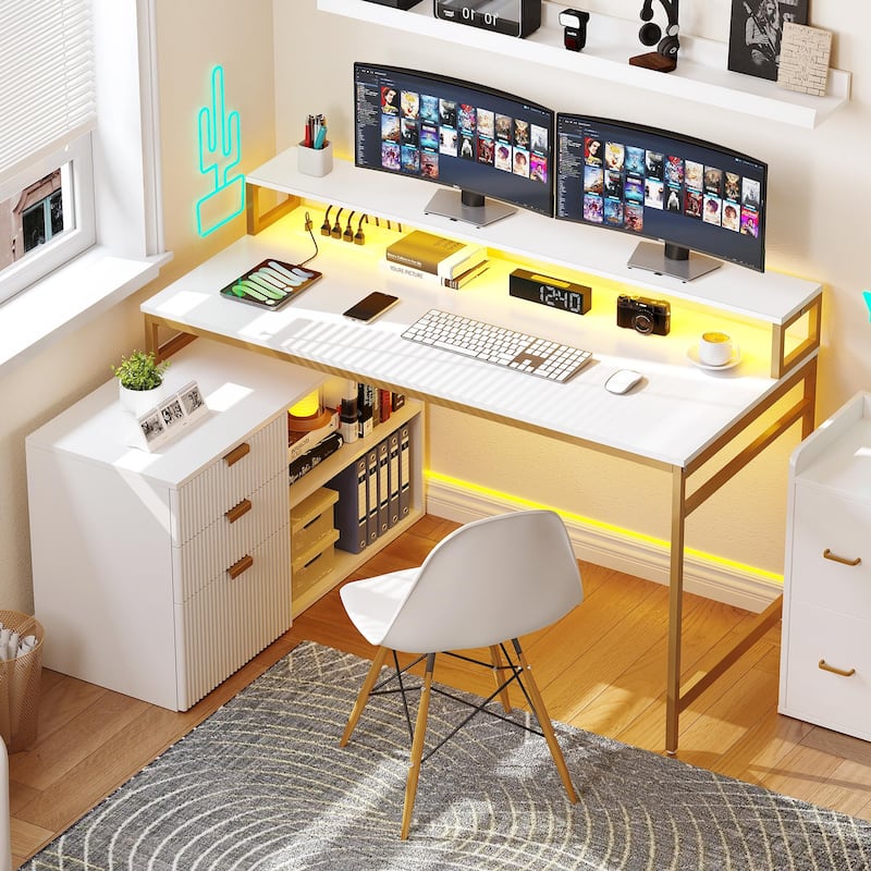 55 Inch L-shaped Gaming Desk with Power Outlets and LED Lights Computer Corner Desk with File Cabinet Monitor Stand