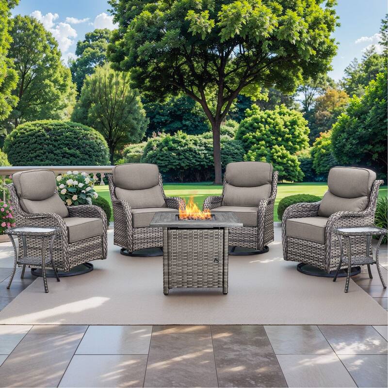 Pocassy Outdoor 6" Swivel Chairs with Fire Pit Table - 7 Pieces Swivel Chair Table with Fire Table - Grey Wicker Beige Cushion