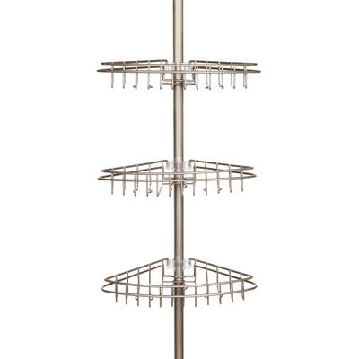 Kenney® 3-Tier Stainless Steel Spring Tension Shower Corner Pole Caddy with Four Clip-on Hooks and Razor Holders, Satin Nickel