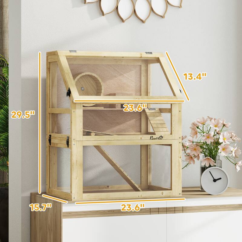 PawHut Wooden Hamster Cage, 3 Tier Small Animal Cage with Detachable 12.6" Deep Bottom, Hut, Seesaw, Exercise Wheel, Ramps