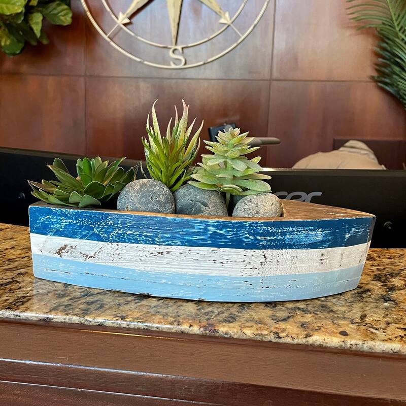 12 Inch Wooden Boat Tray Nautical Blue Coastal Decor Centerpiece - 2.5 X 12 X 5.25 inches