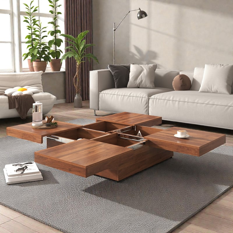 Square Sliding Top Coffee Table with Storage, Modern Veneer Wood Coffee Table, Hidden Storage Center Table