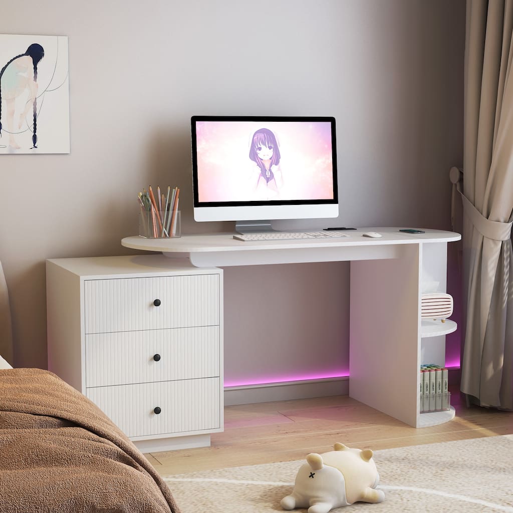 Anmytek White Extendable Computer Desk with Storage Drawers Outlets Modern Gaming Home Office