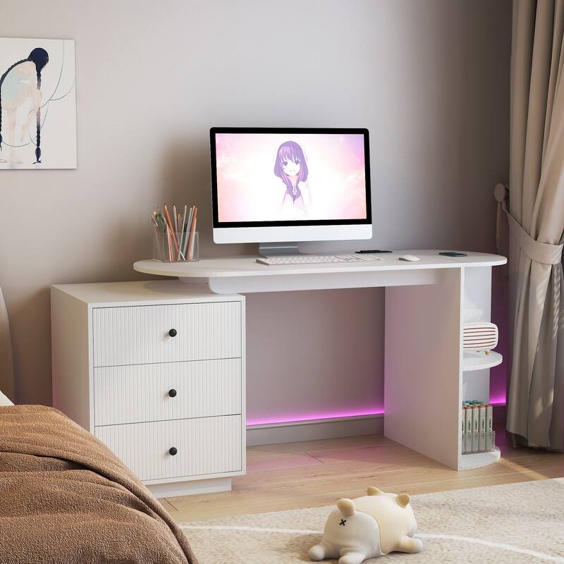 Roomfitters Home Office Table, Expandable Desk with Storage, Computer Workstation, Space Saving Writing Desk, White - White