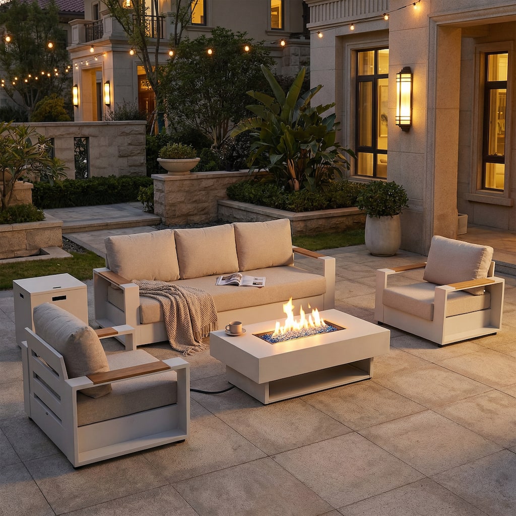 Outdoor Aluminum Patio Modern Conversation Sofa Set with Fire Pit Table, Thick Cushions, Weather-Resistant Covers