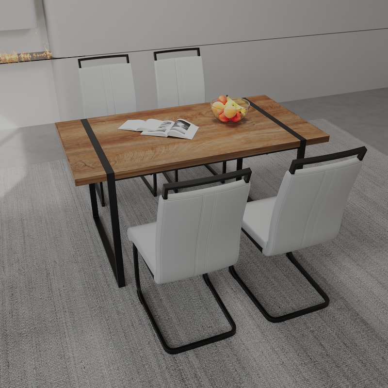 5-Piece Dining Table Set with Table and Ergonomic Chairs, Anti-Slip Foot Mats, Waterproof Tabletop, C-Shaped Chair Base
