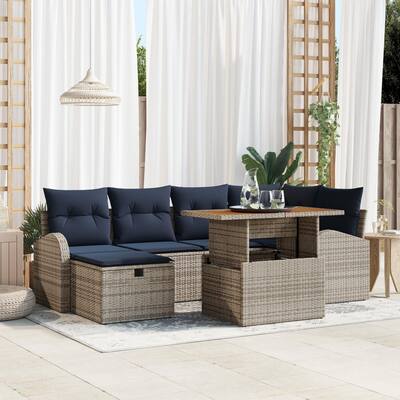 vidaXL 7 Garden Sofa Set with Cushions Black/Grey Poly Rattan - 92.1 x 48.8 x 27.2