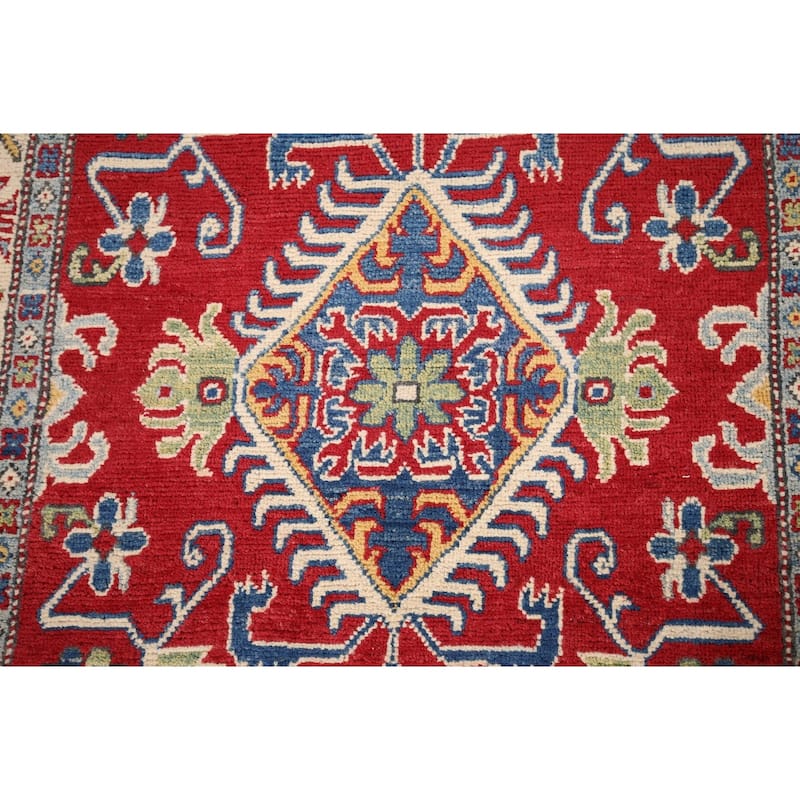 Red Geometric Kazak Oriental Foyer Rug Handmade Wool Carpet - 3'3" x 5'1"