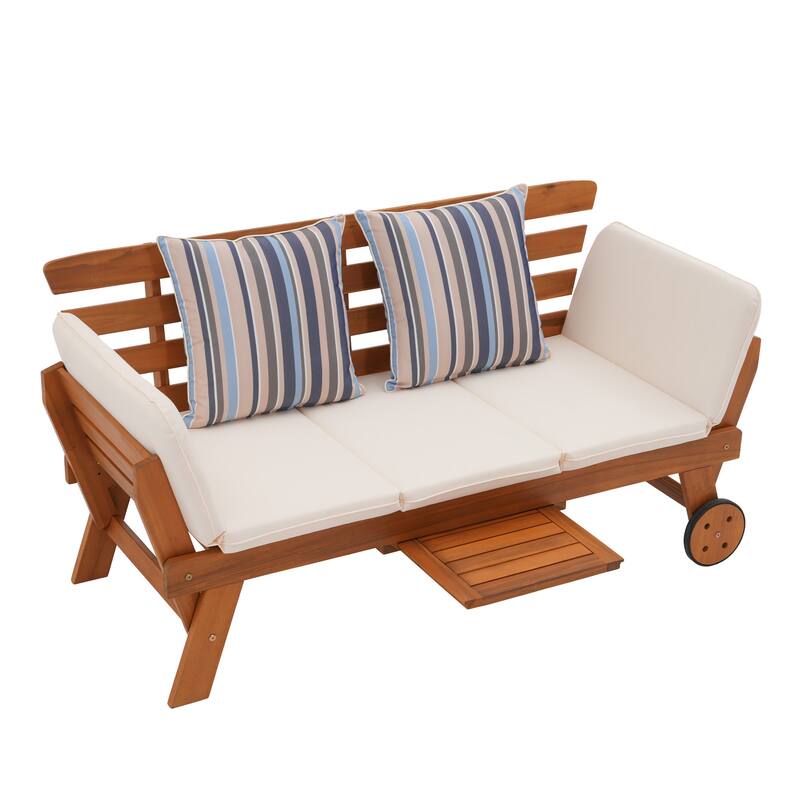 Outdoor Daybed Wooden Folding Lounge Chair with Front Tray and Wheels