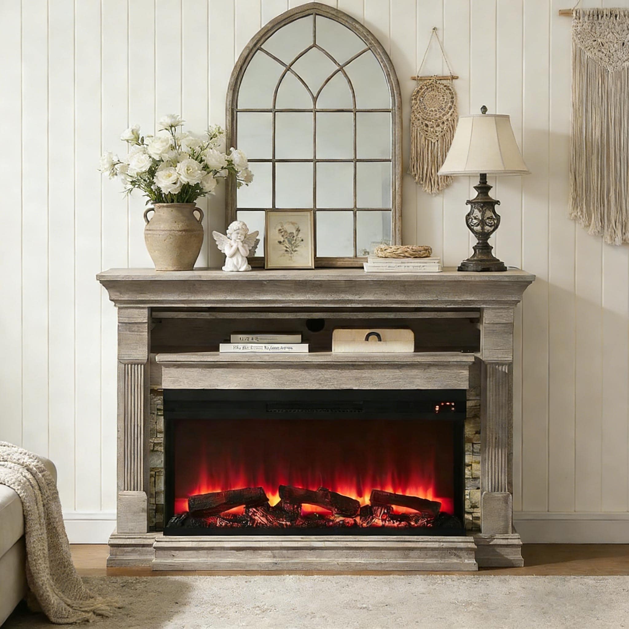 52" Farmhouse 3-Sided Fireplace TV Stand, Wood Entertainment Center