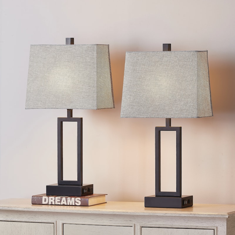 Black Metal Table Lamp with Touch Dimming Switch Charging Ports (Set of 2) - 12'' x 6.5'' x 23.5'' (L x W x H) - 12'' x 6.5'' x 23.5'' (L x W x H) - Grey