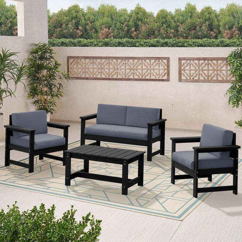 Outdoor Patio HDPE Sectional Sofa and Table Set, Removable Cushions Included, a Loveseat, 2 Single Sofas