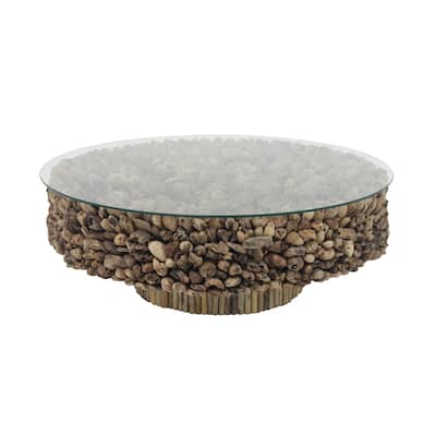 Driftwood Handmade Stacked Collage Coffee Table with Tempered Glass Top and Pedestal Base - Brown - Roche River Decor