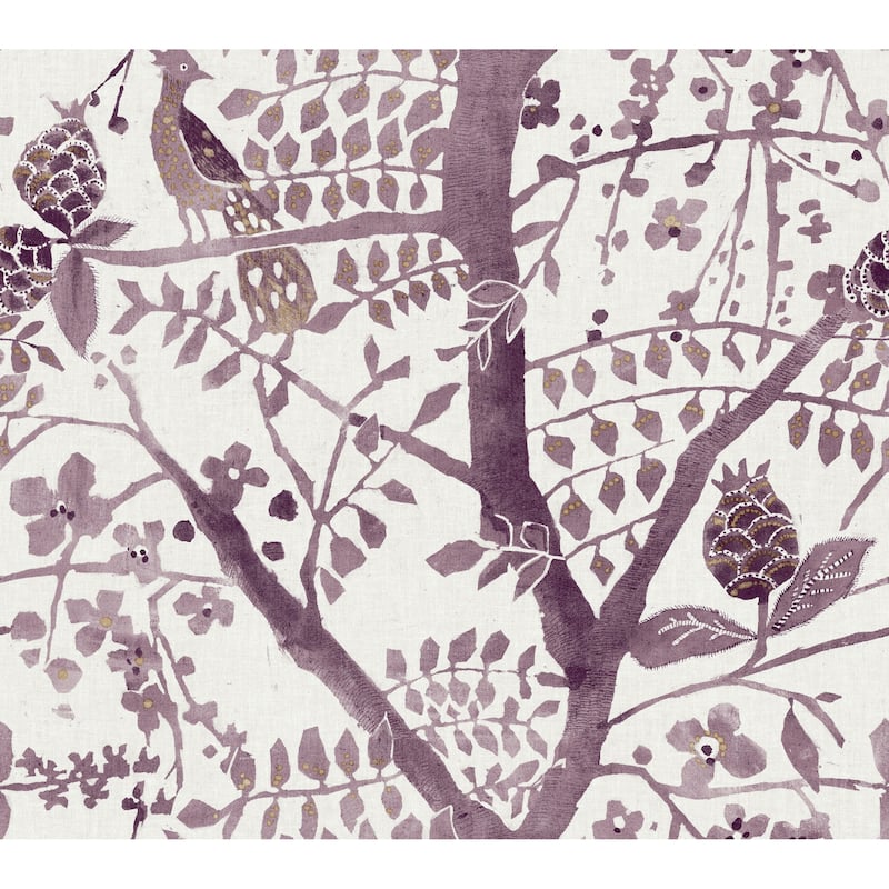 Edinburgh Purple Non-Woven Unpasted Bohemian Peacock Block Print Wallpaper Covers about 60.75 sq. ft. - Purple