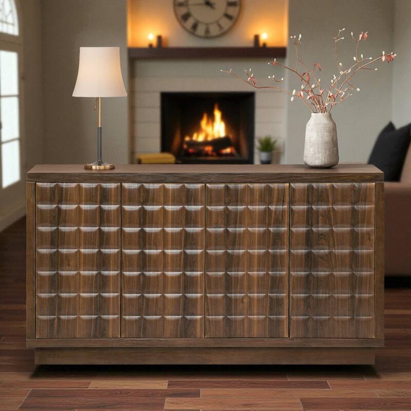 Modern 4-Door Wood Storage Cabinet with 3D Geometric Doors, Metal Trim & Adjustable Shelves for Living Room or Office