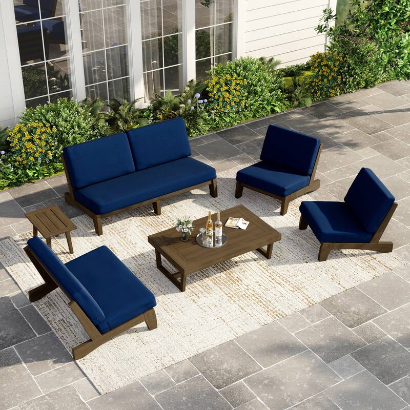 Casual Large Teak Outdoor Patio Conversation Set - Natural Wood - Navy-6 Piece
