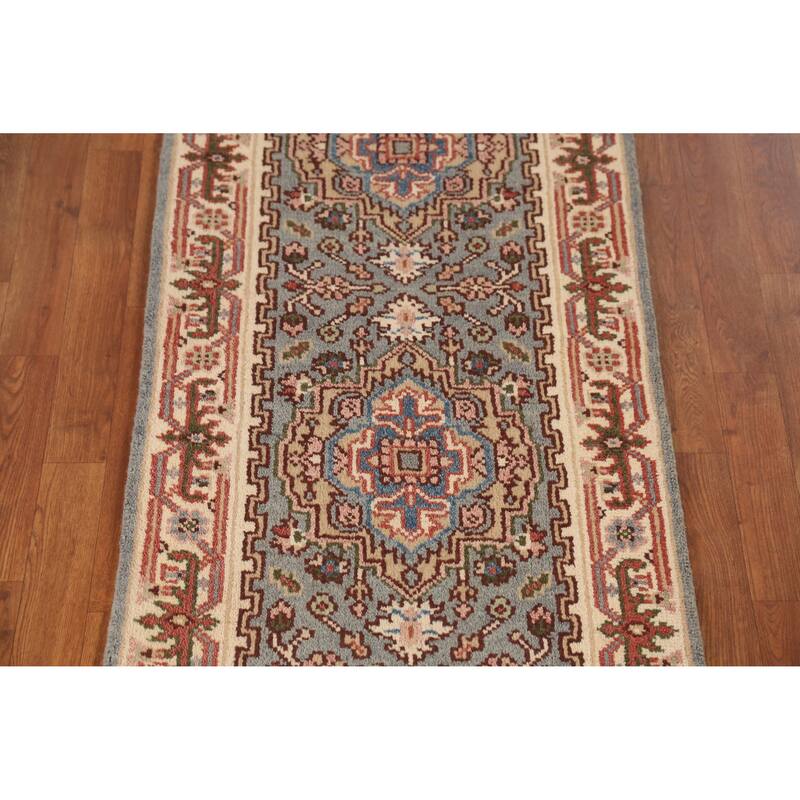 Geometric Heriz Serapi Indian Runner Rug Handmade Wool Carpet - 2'5" x 10'1"