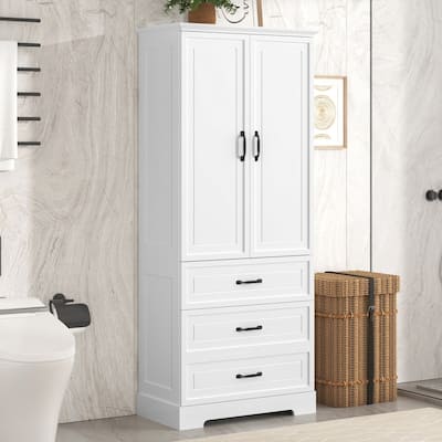 68.9 in. Tall Bathroom Storage Cabinet in White with Two Doors and Drawers, Adjustable Shelf - 29*16*68.9