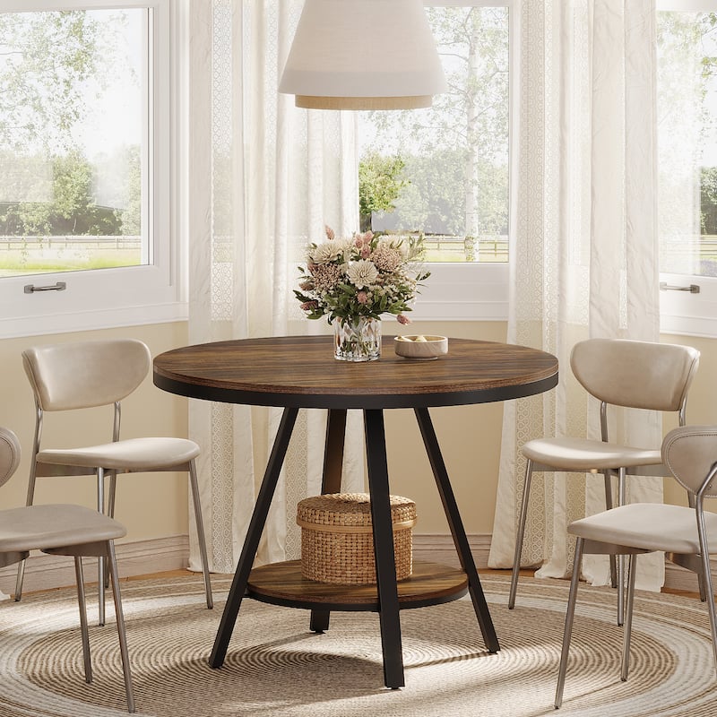 2 Tier Small Round Dining Table for 2-4 People, Industrial Kitchen Dinner Table with Sturdy Metal Leg - Brown + Black