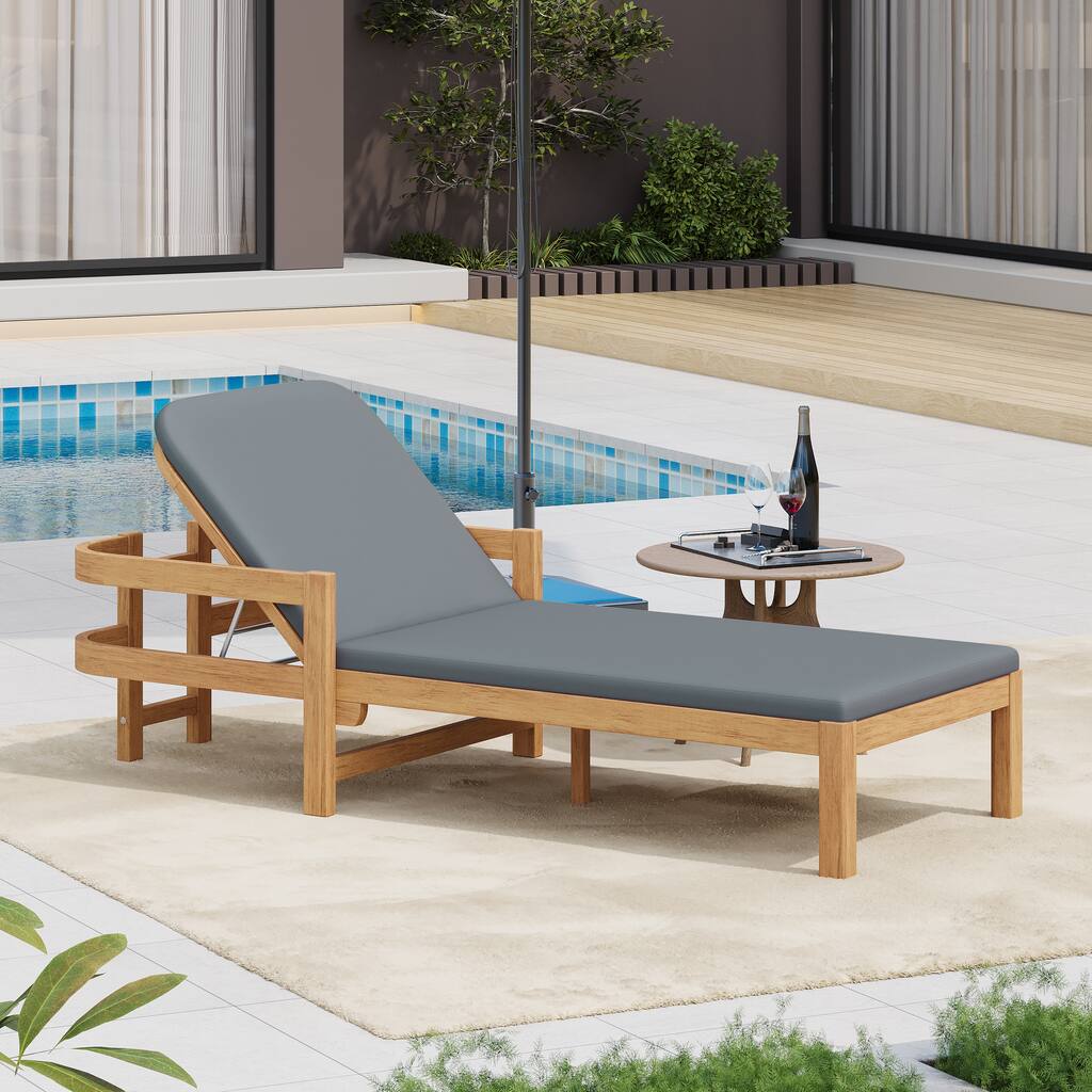 Roomfitters Outdoor Acacia Wood Chaise Lounge with Adjustable Backrest and Cushioned Seat for Patio or Poolside, Dark Gray