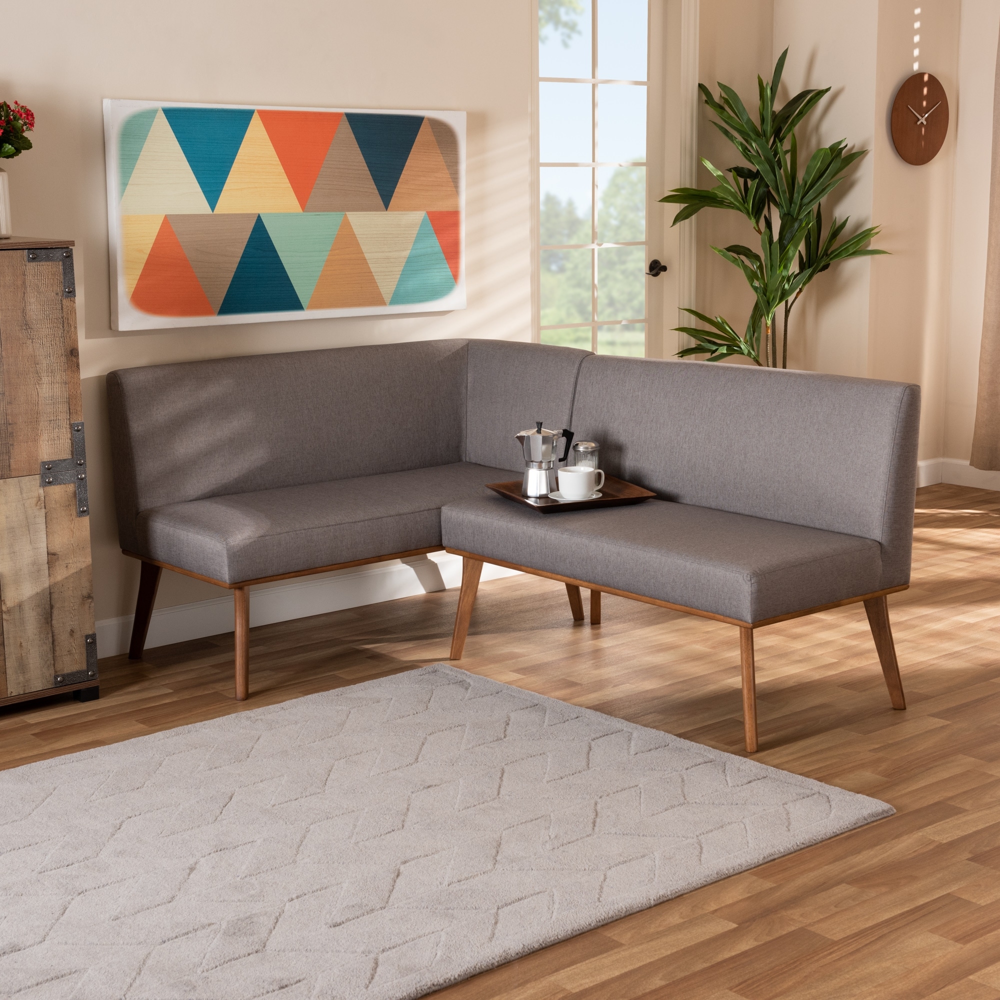 Odessa Grey Fabric and Walnut Wood 2-PC Dining Nook Banquette Set
