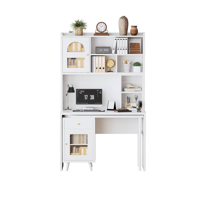 Computer Desk with 90 Rotating Side Table, Storage Drawer, Cabinets and Open Shelves for Home Office Study