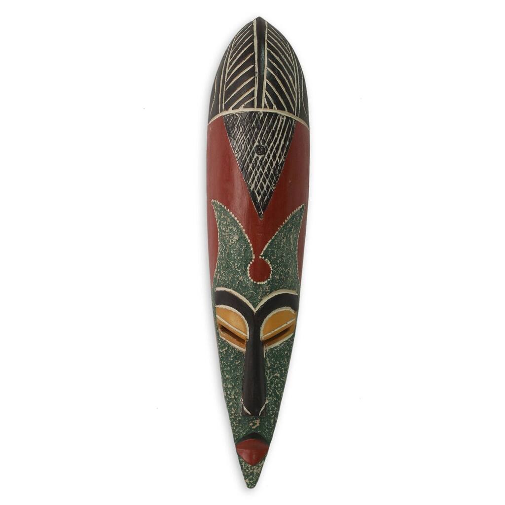 Handmade Sunsum Wood Mask (Ghana) - 19.25" H x 4.3" W x 2.4" D
