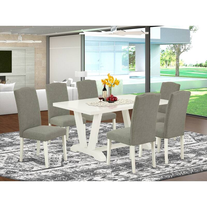 Modern 7-Piece Dining Set - Rectangular Table & 6 Dining Chairs - Linen White & Dark Wood Finish - 60