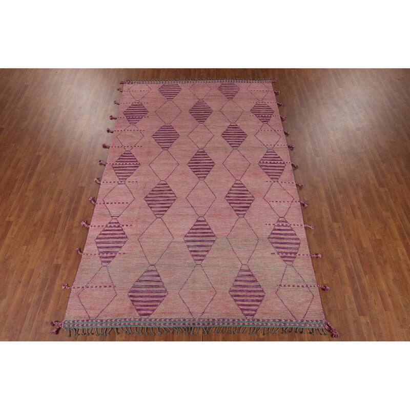 All-Over Pink Geometric Moroccan Area Rug Handmade Wool Carpet - 7'7"x 12'5"