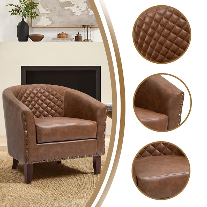 2 Set 29" W Vegan Leather Barrel Accent Chairs with Nailheads Trim