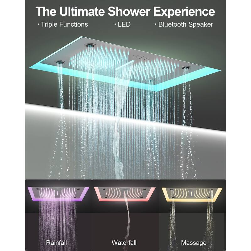 GRANDJOY LUXURY Shower Faucet Set 28"*16" Ceiling Mount Shower Head Body Jets Handheld Spray with Slide Bar LED Music