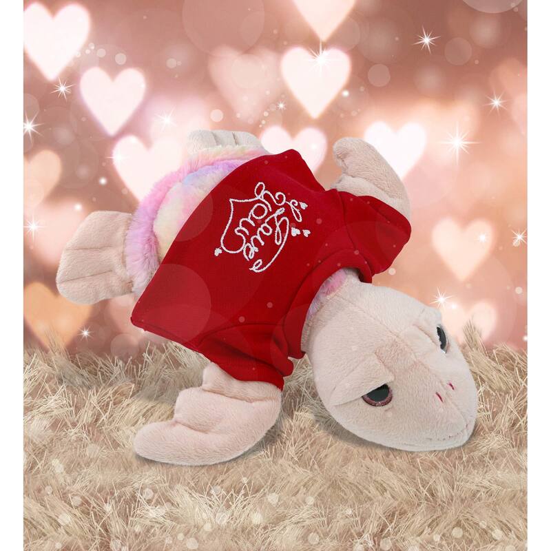 DolliBu I LOVE YOU Rainbow Pink Sea Turtle Plush with Red Shirt - 10 inches
