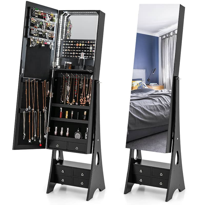 Gymax Jewelry Cabinet Armoire Full Length LED Mirror W/ 6 Drawers & - Black